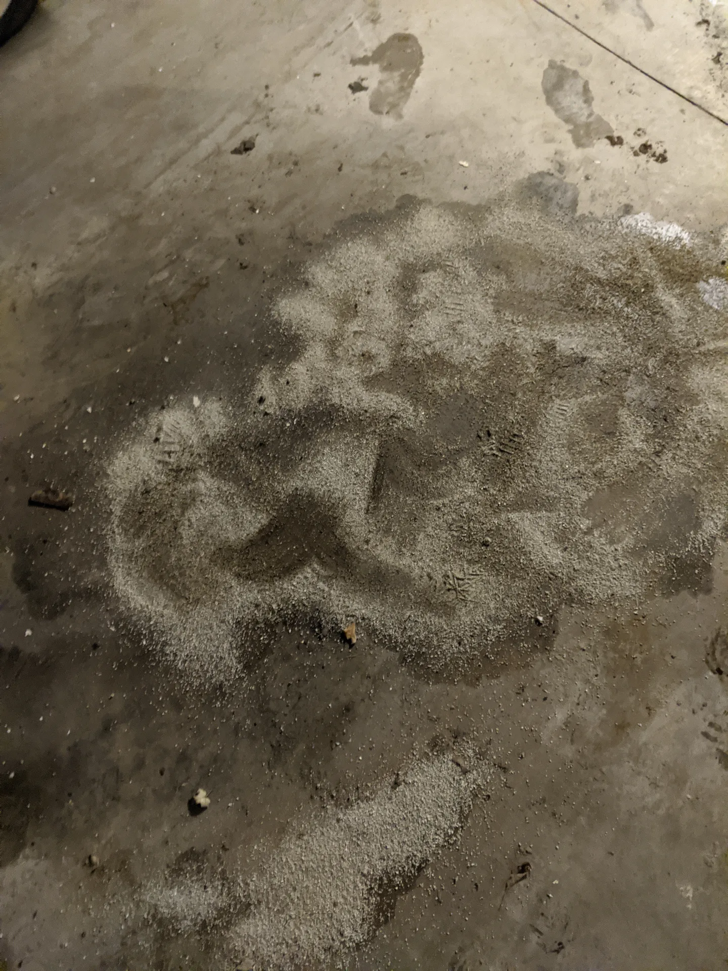 Ace Power Washing: Step 2 using granular absorbent to pull liquid oil out of porous industrial concrete