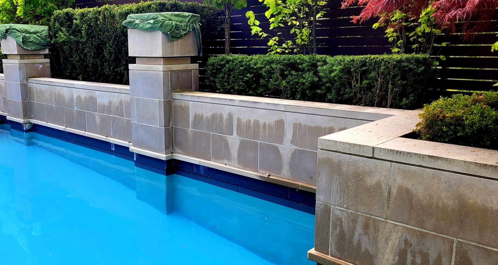 Heavy mineral deposit rundowns on natural stone pool coping in Bridle Path prior to ACE specialized treatment