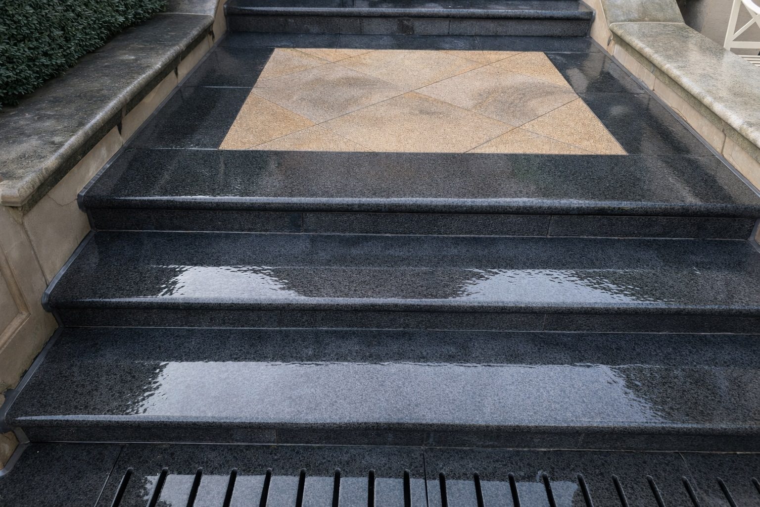 Clean black stone patio stairs in Forest Hill following ACE's professional mineral deposit removal and restoration