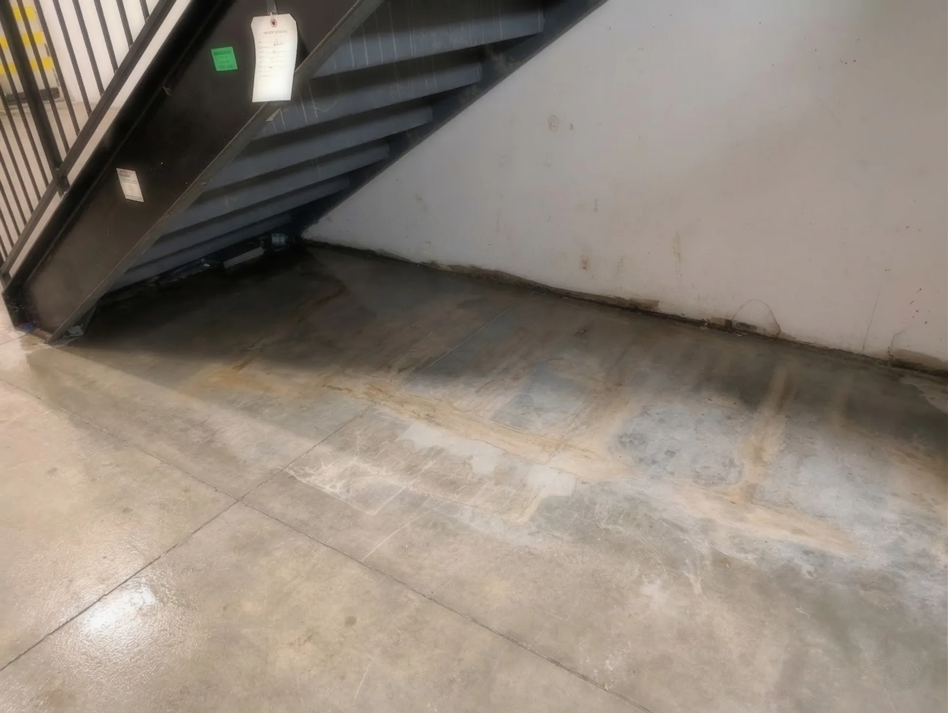 Cleaned and restored warehouse concrete corner under stairs, showing professional facility maintenance