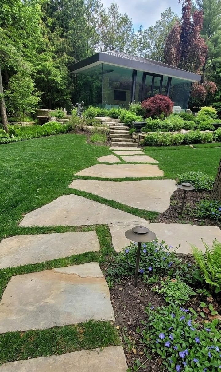 Estate stone walkway in Hoggs Hollow restored to pristine natural beauty by ACE professional chemical cleaning