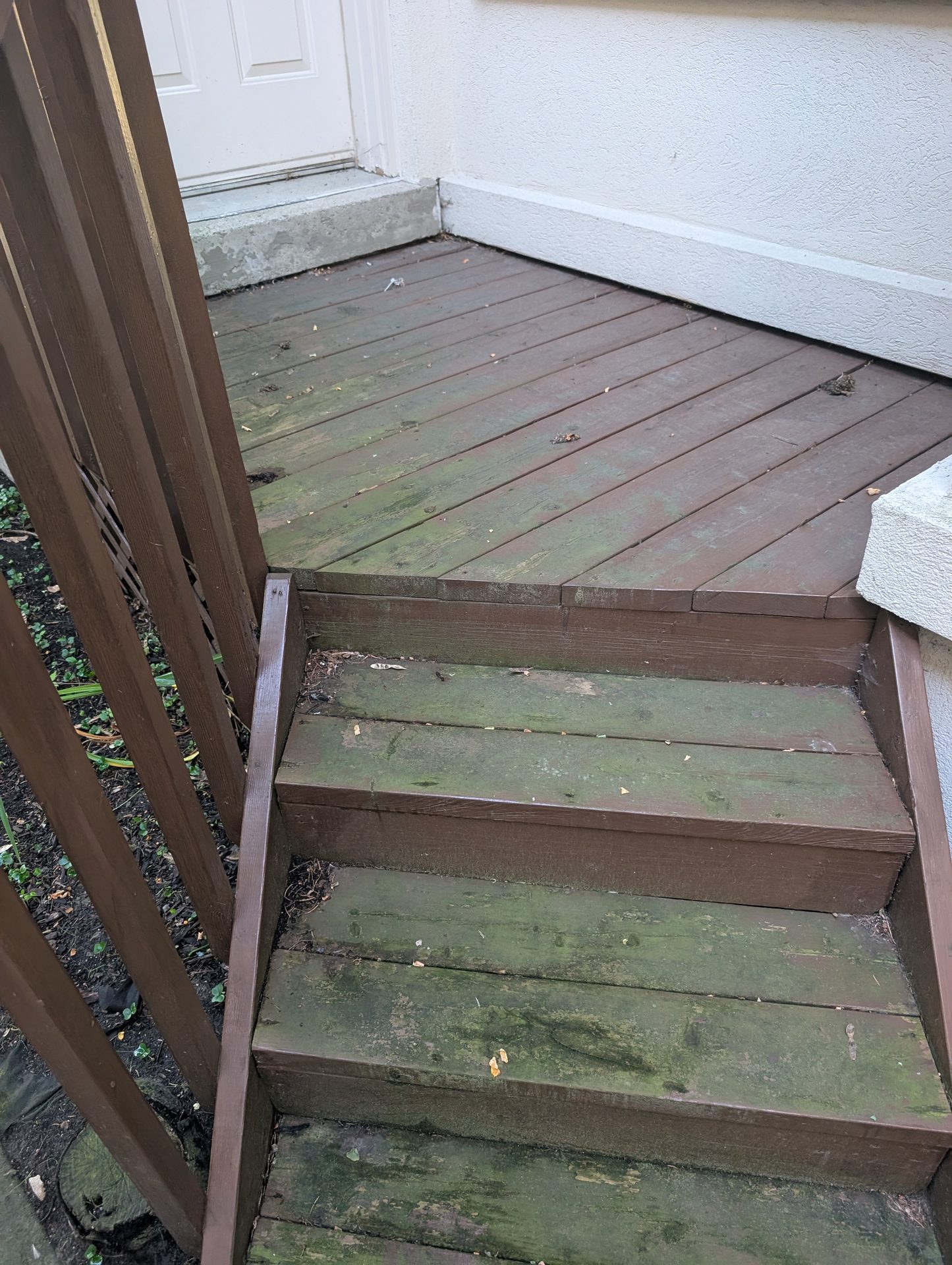 Before: ACE's professional soft wash treatment for a weathered wooden deck, eliminating slippery mold organic stain in Bolton